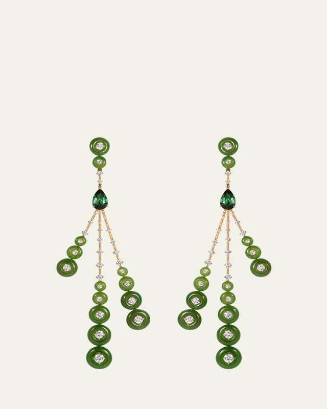 18K Yellow Gold Rocket Earrings with Diamonds, Tourmaline and Jade
